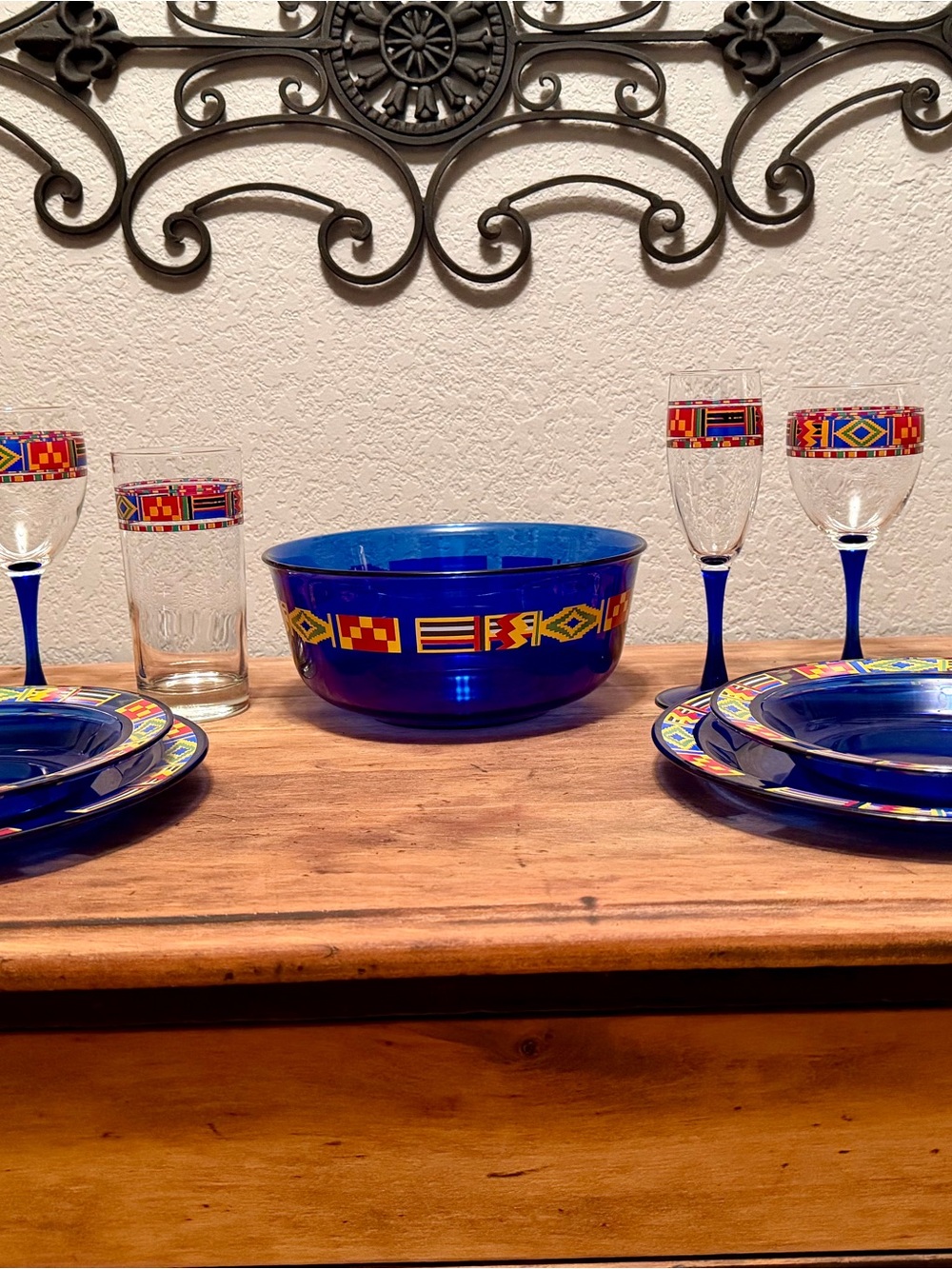 Vintage Arcoroc France Kente Flag Cobalt Blue and Colorful Band